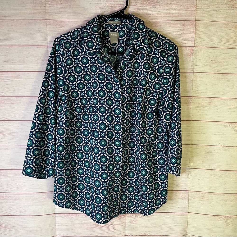 Chico’s No Iron Stain Shield 100% Cotton Hidden Button Shirt Size 1 US 8/10